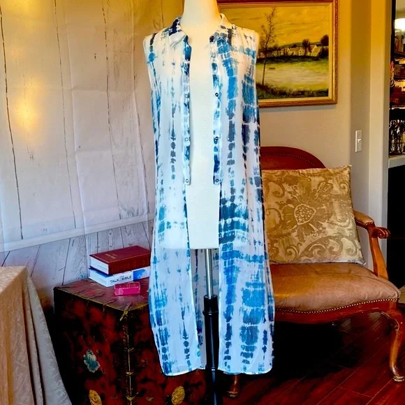 Go Silk Blue and White Tie Dye Duster or Swimsuit Cover Up - Picture 7 of 16
